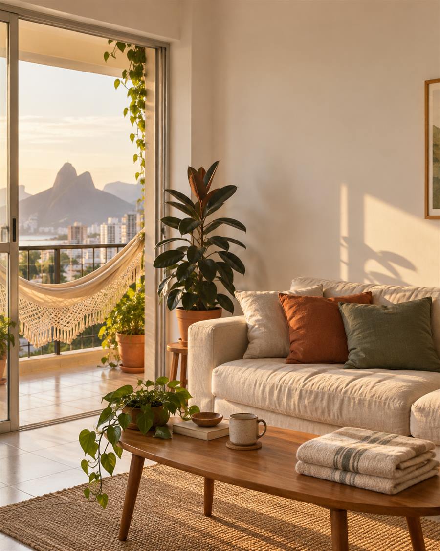 Sala do apartamento de exemplo, com rede na varanda e vista para o morro Dois Irmãos.